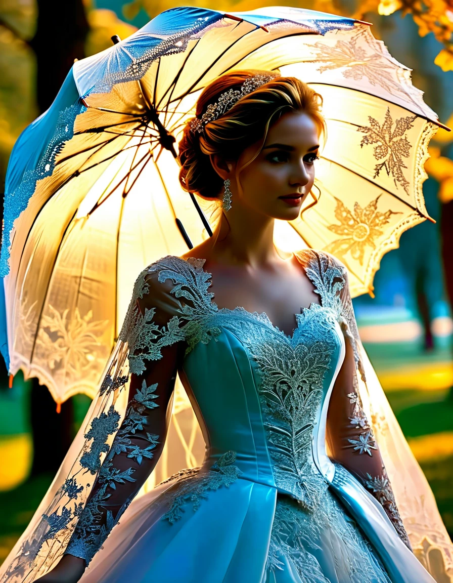 A huge parasol in finely chiseled and openwork frozen fire lace offers shade to a sublime happy and radiant woman walking in a park,  a few small sparks come out of the edges of the umbrella, masterpiece, extremely detailed, sublime and sensual fractal details, openwork lace