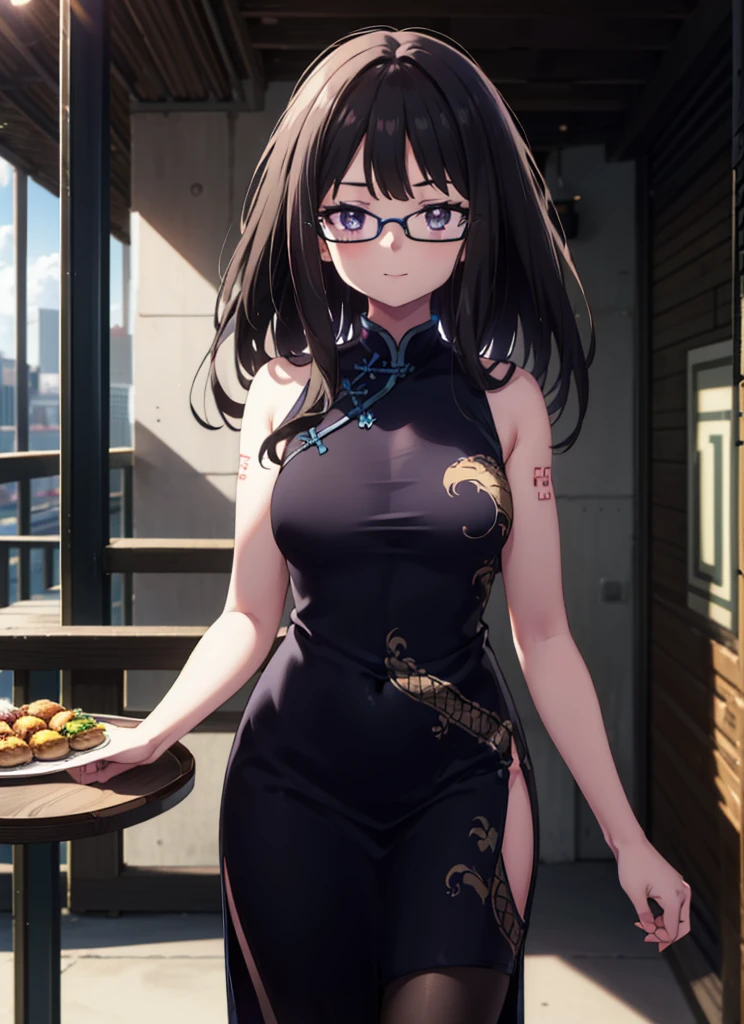 Takiuchi, Check it out, Long Hair, bangs, Black Hair, (Purple eyes:1.2),happy smile, smile, Close your mouth,
Sleeveless blue Chinese dress,Blue long slit,Black pantyhose,Stiletto heels,Glasses,Tables and chairs, food, drink, tray, tray in one hand,whole bodyがイラストに入るように,Walking,
break indoors,Chinese style coffee shop,
break looking at viewer, whole body,
break (masterpiece:1.2), Highest quality, High resolution, unity 8k wallpaper, (shape:0.8), (Fine and beautiful eyes:1.6), Highly detailed face, Perfect lighting, Highly detailed CG, (Perfect hands, Perfect Anatomy),
break outdoors, city,
break looking at viewer, (Cowboy Shot:1.5),
break (masterpiece:1.2), Highest quality, High resolution, unity 8k wallpaper, (figure:0.8), (Beautiful attention to detail:1.6), Highly detailed face, Perfect lighting, Highly detailed CG, (Perfect hands, Perfect Anatomy),