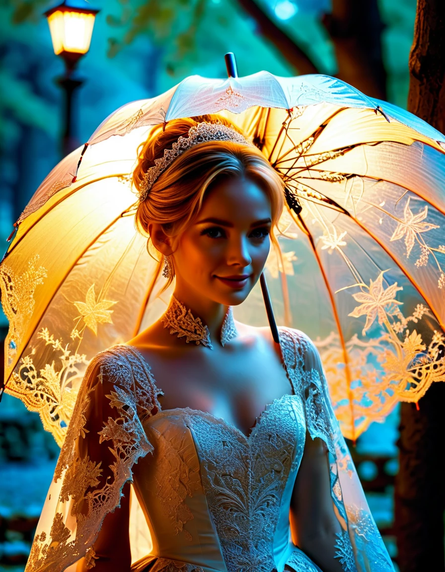 Un immense parasol en dentelle de feu glacée finement ciselée et ajourée offre de l&#39;ombre à une sublime femme heureuse et rayonnante se promenant dans un parc.,  quelques petites étincelles sortent des bords du parapluie, chef-d&#39;œuvre, extrêmement détaillé, détails fractals sublimes et sensuels, Dentelle ajourée