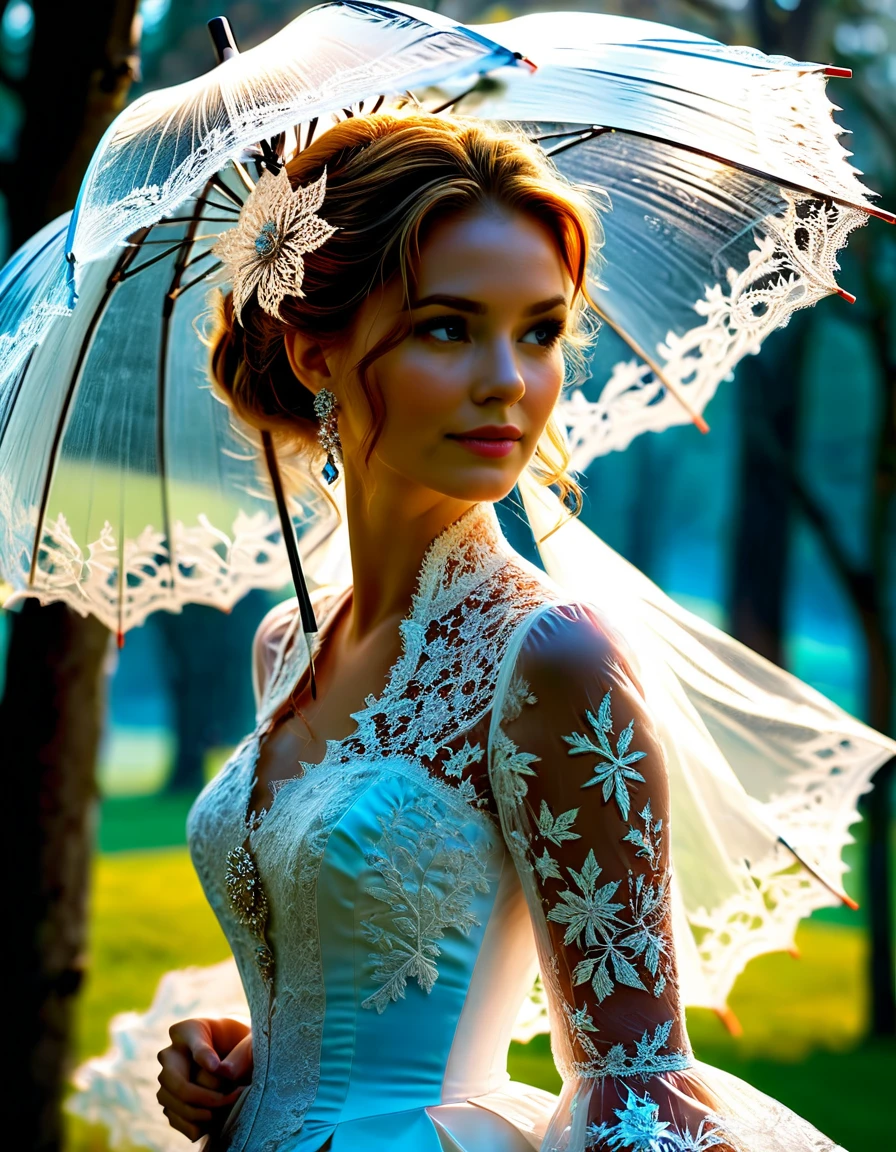 Un immense parasol en dentelle de feu glacée finement ciselée et ajourée offre de l&#39;ombre à une sublime femme heureuse et rayonnante se promenant dans un parc.,  quelques petites étincelles sortent des bords du parapluie, chef-d&#39;œuvre, extrêmement détaillé, détails fractals sublimes et sensuels, Dentelle ajourée