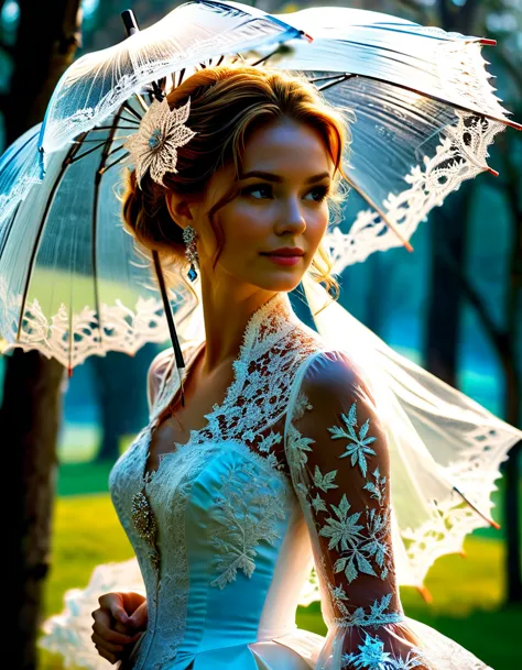 A huge parasol in finely chiseled and openwork frozen fire lace offers shade to a sublime happy and radiant woman walking in a p...