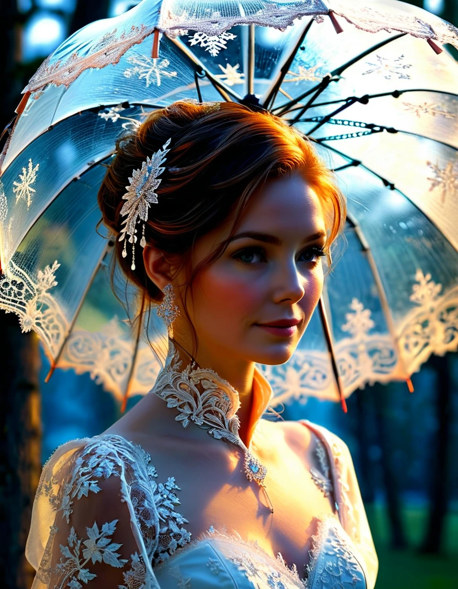 A huge parasol in finely chiseled and openwork frozen fire lace offers shade to a sublime happy and radiant woman walking in a park,  a few small sparks come out of the edges of the umbrella, masterpiece, extremely detailed, sublime and sensual fractal details, openwork lace