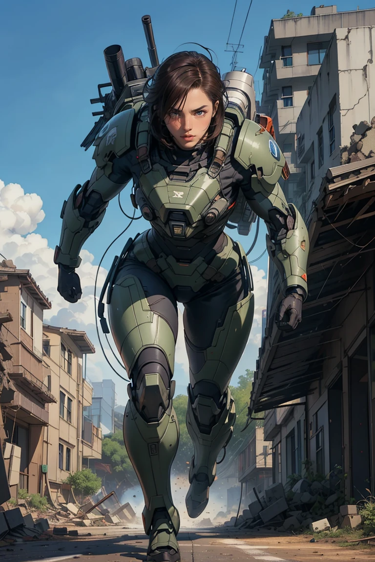 Group of 3 girls wearing mecha battle armor, short dark hair, heavy rocket launcher at the backpack, fullbody shot, holding and shooting big weapon, running at the battle place, explosions, fighting against alien invasion, detailed face, beautiful detailed eyes, beautiful detailed lips, extremely detailed features, hyper detailed, photorealistic, 8k, HDR, physically-based rendering, professional, vivid colors, dramatic lighting, cinematic, sci-fi, concept art, destroyed buildings, 