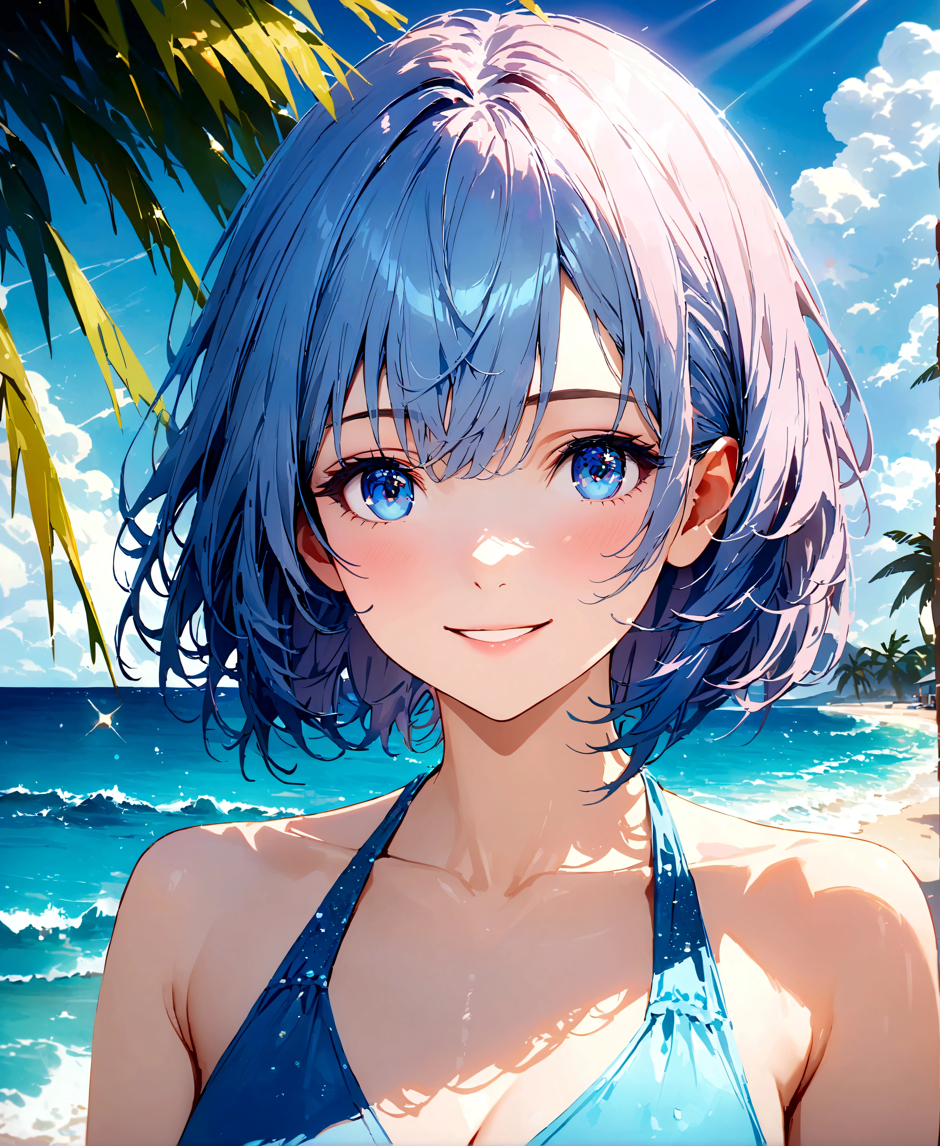 Sparkling sea and tropical ocean, Sunny sky with fluffy white clouds, Palm trees along the coast, Blur the background,Pleasant sea breeze,high school girl,Swimwear,short hair,smile,Glitter effect,Highest quality, 4K, 8K, High resolution, masterpiece:1.2, Very detailed, Realistic:1.37, High resolution, 超High resolution, Ultra-fine painting, Sharp focus, Physically Based Rendering, Very detailedな説明, Professional, Vibrant colors