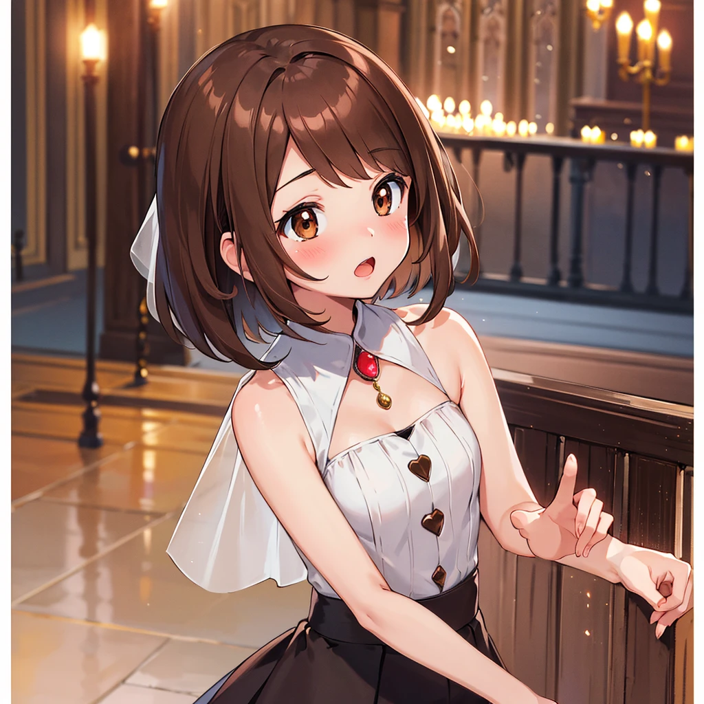 masterpiece, Highest quality, High resolution, Gloria1, 1 Girl, Gloria\(Pokémon\), Brown Hair, , Brown Eyes, , Short Hair, , Bobcut, bangs, , 　１Describe a girl carefully　１Girl　Expression in love　blush　Open Mouth　blush　church　Wedding dress（mini skirt）　Upper Body