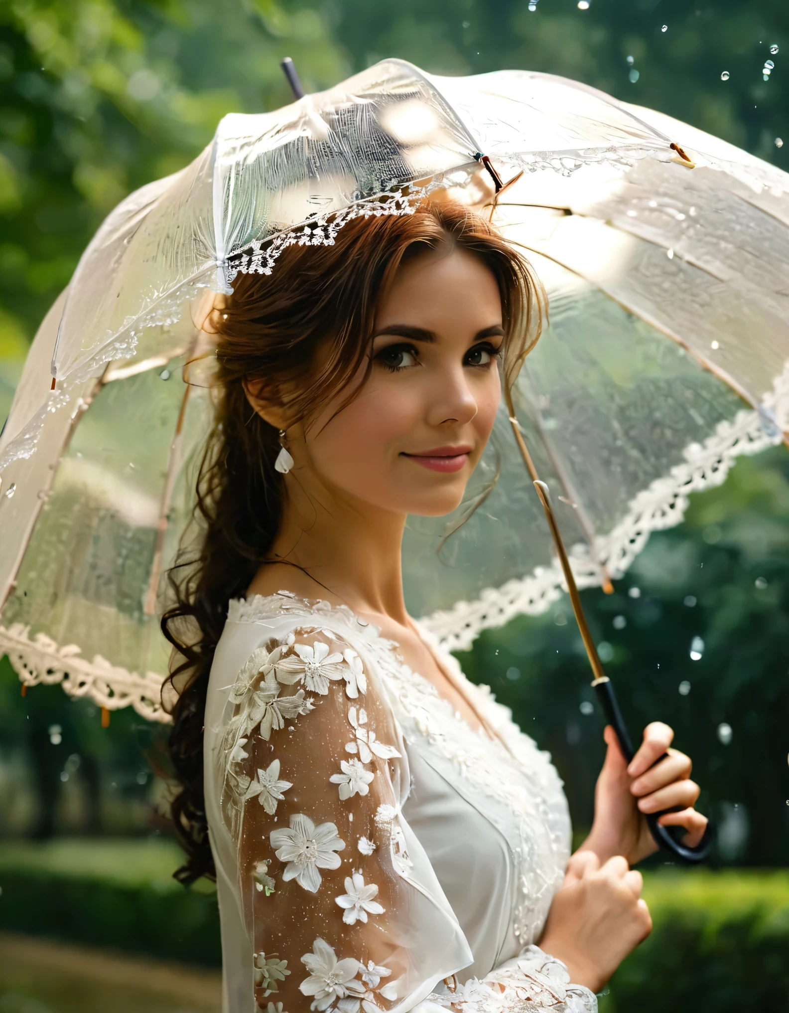 A huge parasol in finely crafted and openwork flower lace offers shade to a sublime happy and radiant woman walking in a park,  a few drops of water pearl from the edges of the umbrella 