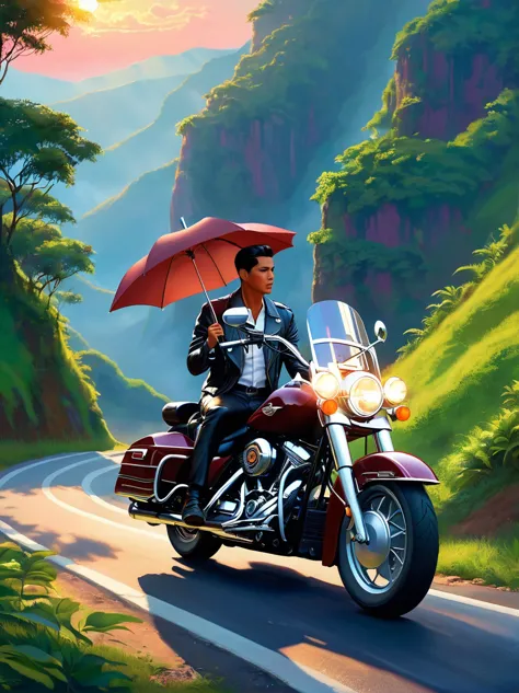 A lifelike ethereal entity confidently holds an umbrella，Riding a maroon motorcycle，Exactly like Harley-Davidson，Driving along t...