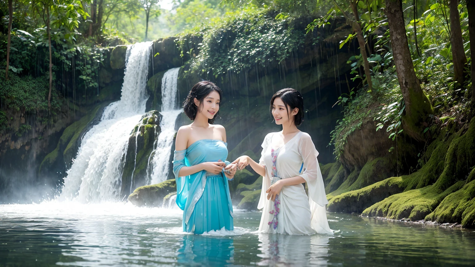 Сцена из фэнтезийного фильма, яркие цвета, две красивые древние тайские молодые женщины-эльфы с черными короткими волосами, застенчивая улыбка и крылья пикси, прозрачные крылья, красивое и сложное светло-голубое полупрозрачное платье в аутентичном традиционном тайском платье,В природе,Они оба помогают мыть волосы массивной пеной шампуня под водопадом., сильнейший дождь, снимок с самой длинной выдержкой