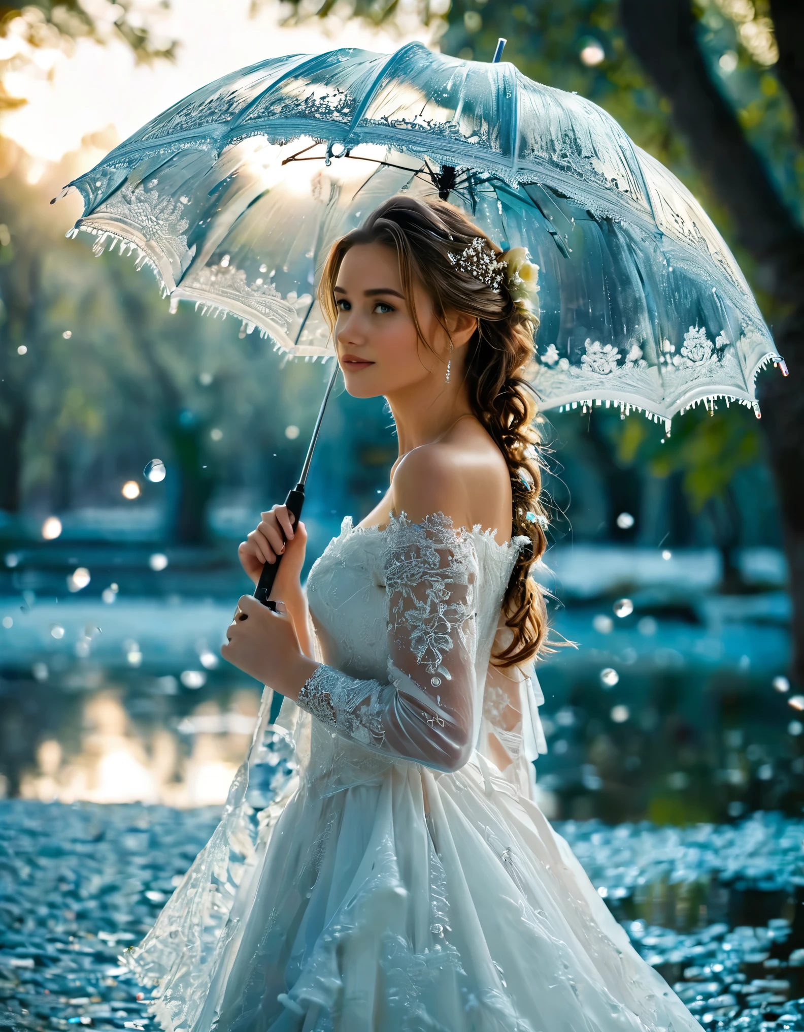 A huge parasol in finely carved and openwork frozen water lace offers shade to a sublime happy and radiant woman walking in a park,  drops of water bead from the edges of the umbrella 