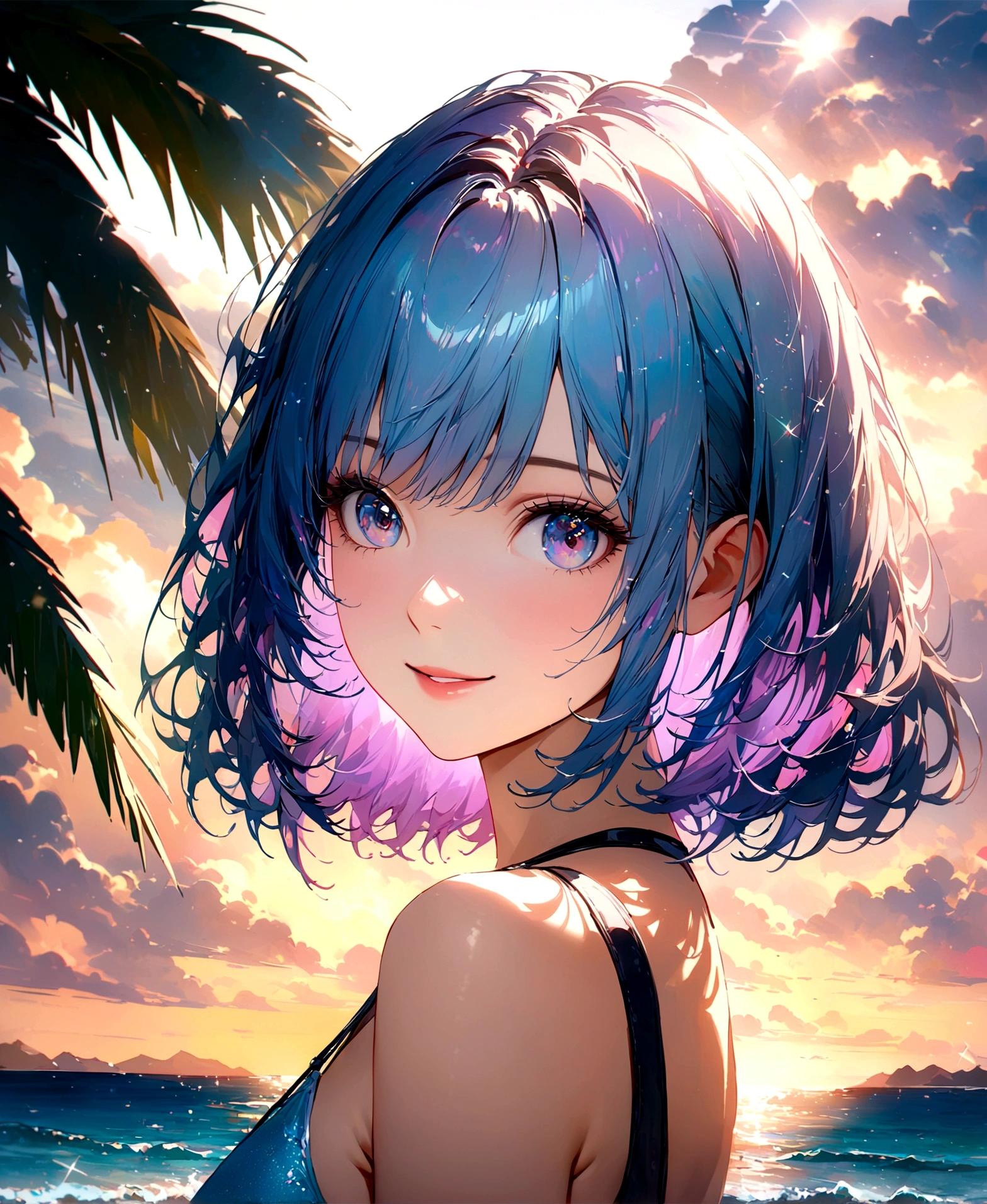 Sparkling sea and tropical ocean, Sunny sky with fluffy white clouds, Palm trees along the coast, Blur the background,Pleasant sea breeze,high school girl,Swimwear,short hair,smile,Glitter effect,Highest quality, 4K, 8K, High resolution, masterpiece:1.2, Very detailed, Realistic:1.37, High resolution, 超High resolution, Ultra-fine painting, Sharp focus, Physically Based Rendering, Very detailed explanation, Professional, Vibrant colors
