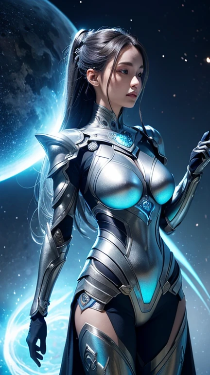  A digitally rendered female figure in intricately detailed, futuristic armor that blends metallic and organic design elements. She gazes thoughtfully at a glowing orb held delicately in her right hand, which seems to contain a swirling galaxy or energy mass, evoking a sense of mysticism or advanced technology. The overall mood is one of serene contemplation, underscored by the cool blue tones.
