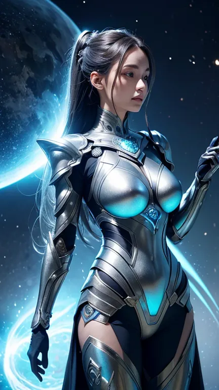  A digitally rendered female figure in intricately detailed, futuristic armor that blends metallic and organic design elements. ...
