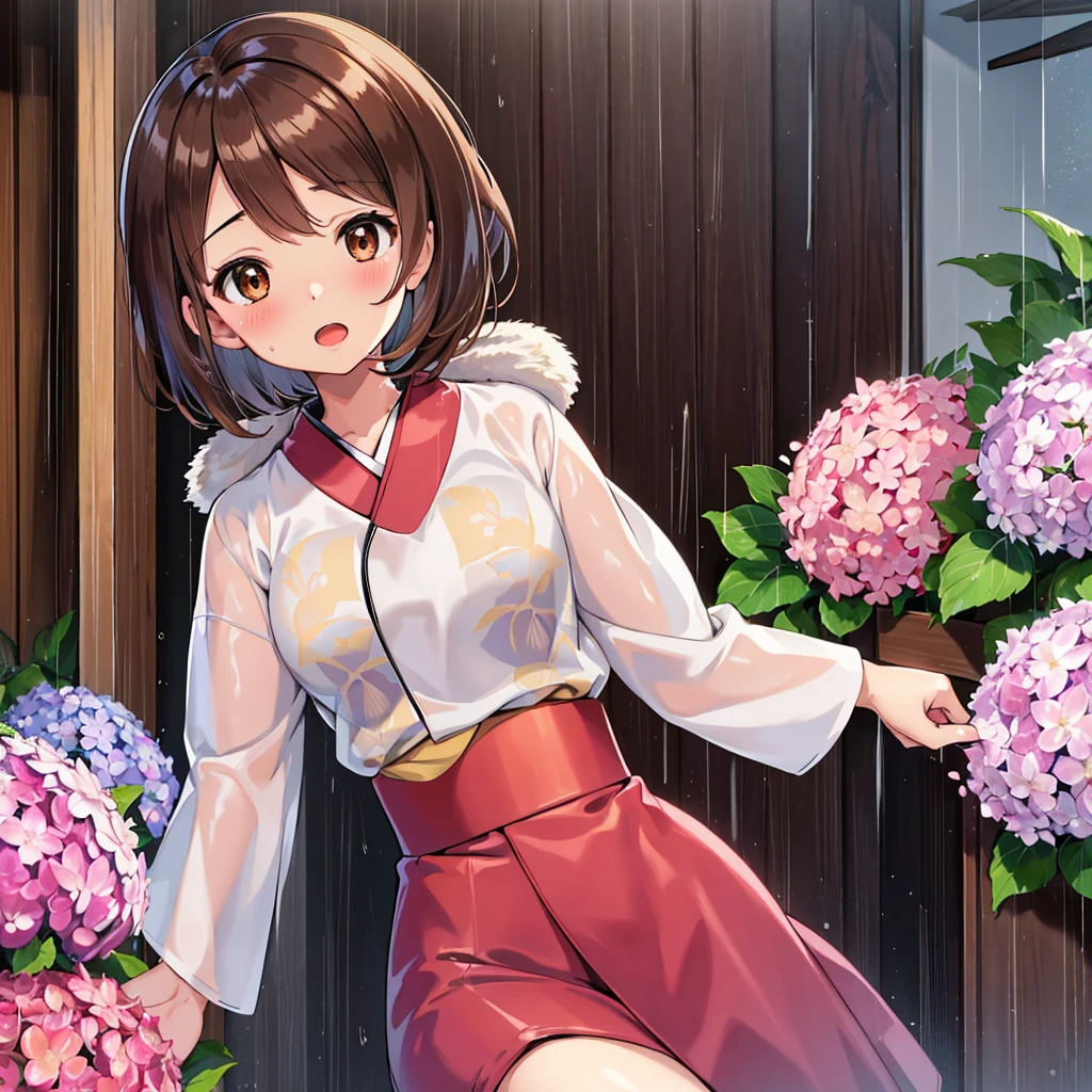 masterpiece, Highest quality, High resolution, Gloria1, 1 Girl, Gloria\(Pokémon\), Brown Hair, , Brown Eyes, , Short Hair, , Bobcut, bangs, , 　１Describe a girl carefully　１Girl　Expression in love　blush　Open Mouth　blush　　kimono（Hydrangea pattern）　Upper Body　Japanese-style streetscape　　rain