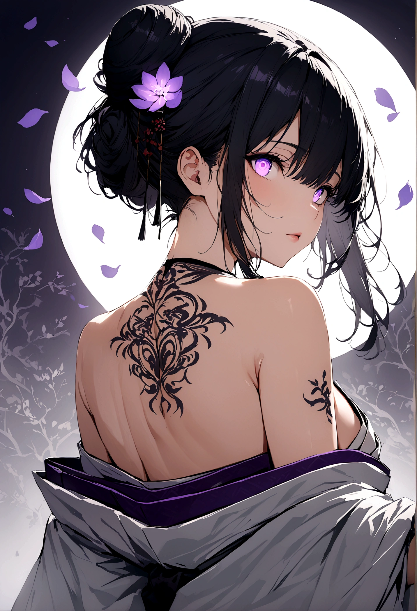 (masterpiece:1,2), Highest quality, masterpiece, High resolution, original, Highly detailed wallpaper, Perfect lighting,geisha, kimono,Bare shoulders,tattoo,(((Black and White))),Attention to detail,alone,Cold Eyes,look up,Eyes glowing purple,Byeob,moon,Black Hair,Bun Hair,petal,sexy