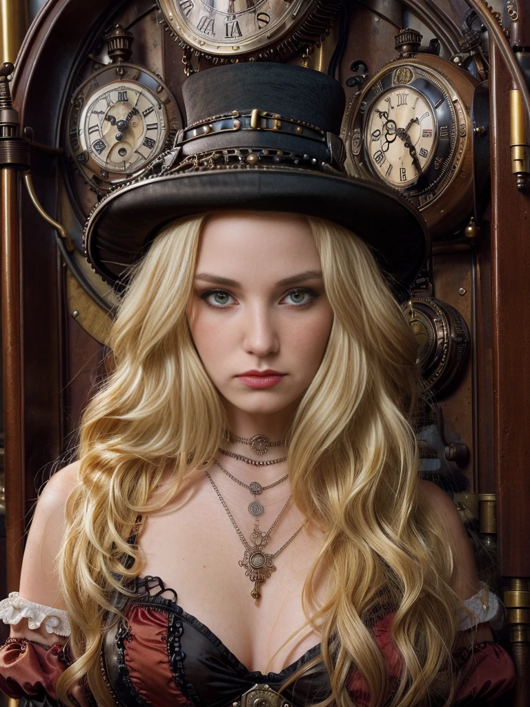 close-up, straight hair blonde short curly  girl the little red hat, clock on necklace, (Victorian era), ((steampunk)), cinematography, worked, elegant, meticulous, magnificent, maximum detail, extremely hyper-aesthetic, intricately detailed, lots of gears, old town background