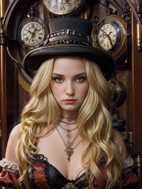 close-up, straight hair blonde short curly  girl the little red hat, clock on necklace, (victorian era), ((steampunk)), cinemato...