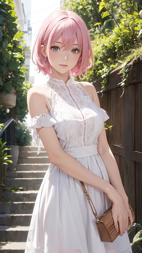 alcanevi, a woman with medium-short pink hair wearing a white dress, woman&#39;s face, unreal engine character art, portraiture