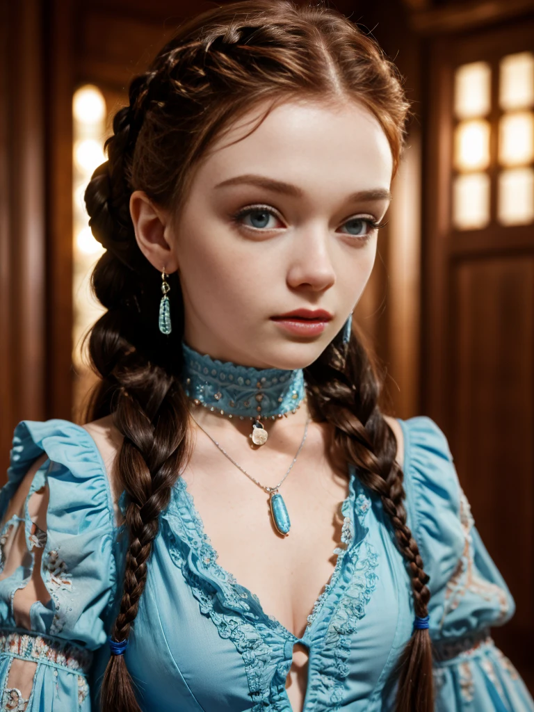 sadie sink, in la bete movie, by Walerian Borowczyk, erotic, 1girl, blue_eyes, blurry, blurry_background, braid, choker, depth_of_field, dress, earrings, eyelashes, freckles, hair_over_shoulder, jewelry, lips, long_hair, long_sleeves, looking_at_viewer, necklace, pendant, puffy_long_sleeves, puffy_sleeves, realistic, single_braid, solo, twin_braids, upper_body