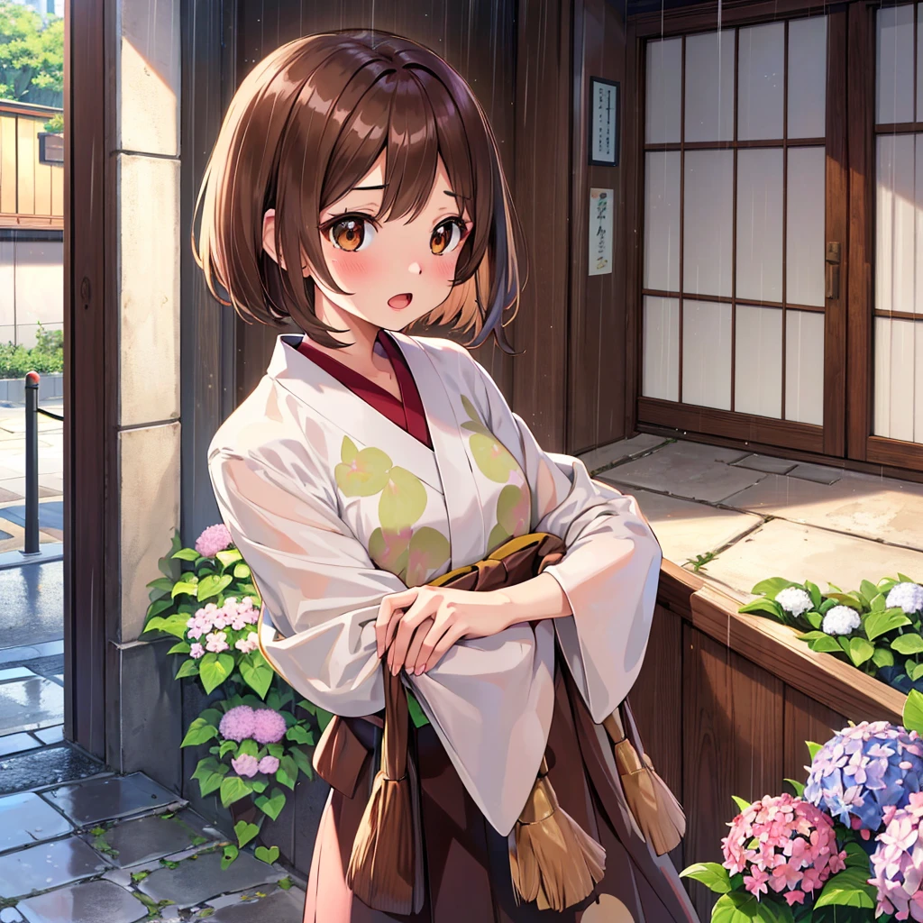 masterpiece, Highest quality, High resolution, Gloria1, 1 Girl, Gloria\(Pokémon\), Brown Hair, , Brown Eyes, , Short Hair, , Bobcut, bangs, , 　１Describe a girl carefully　１Girl　Expression in love　blush　Open Mouth　blush　　kimono（Hydrangea pattern）　Upper Body　Japanese-style streetscape　　rain