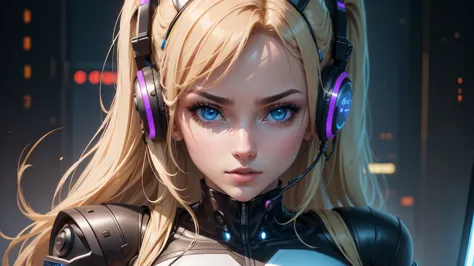 a close up of a woman dj.  in a futuristic outfit with headphones on, cyber school girl, cyber suit, perfect android girl, cyber...