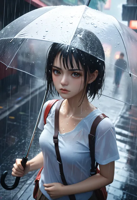 Person holding an umbrella, Transparent full-color fantasy, Action CG paint rain, Very attractive girl, I frown at the heavy rai...