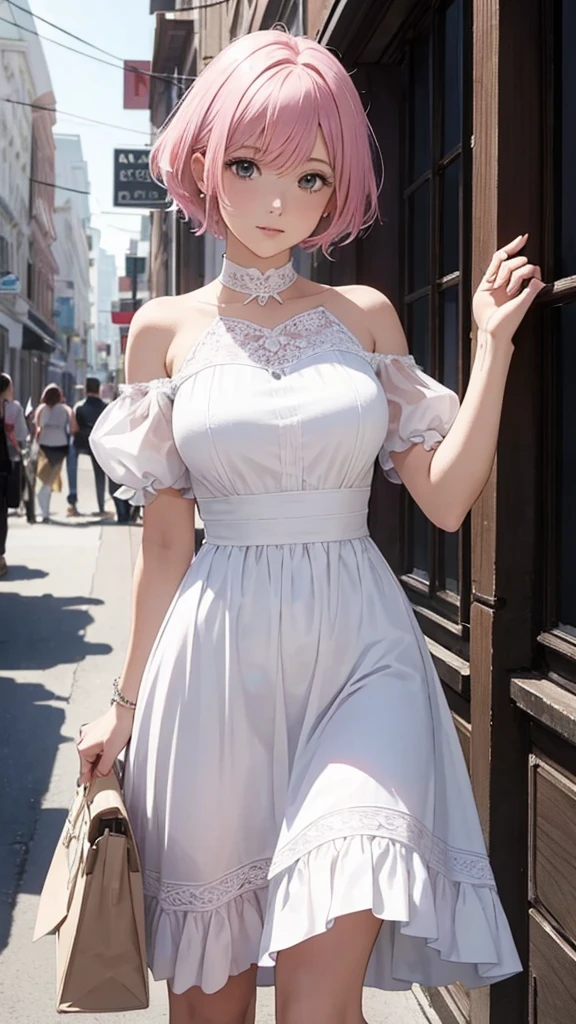 Alcanevi, A woman with medium-short pink hair wearing a white dress, Woman&#39;s face, Unreal Engine Character Art, Portraiture