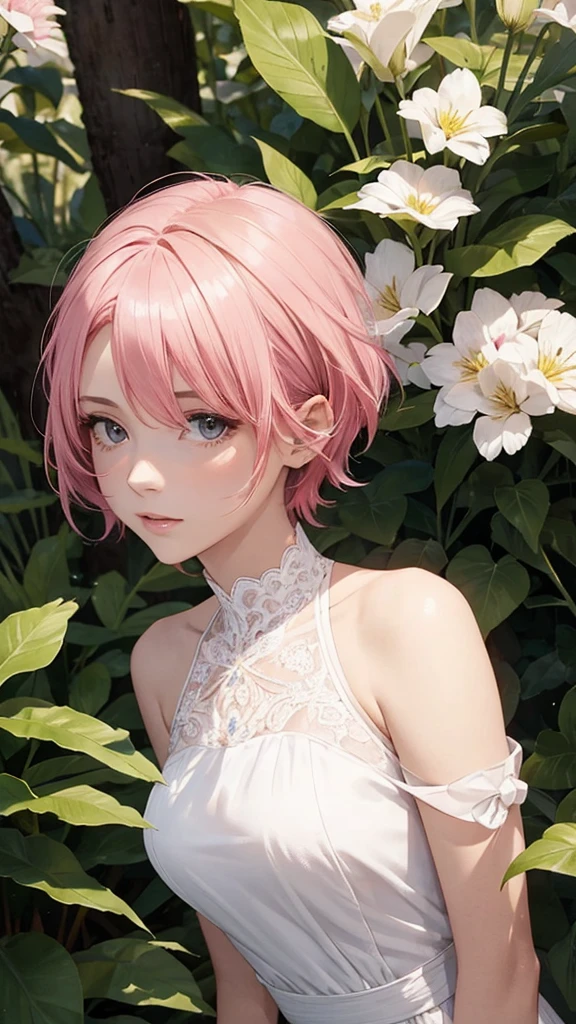 Alcanevi, A woman with medium-short pink hair wearing a white dress, Woman&#39;s face, Unreal Engine Character Art, Portraiture