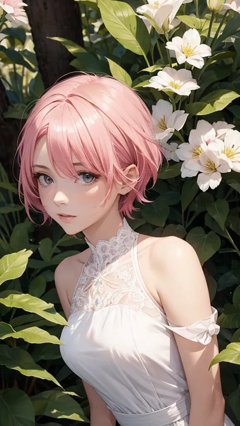 alcanevi, a woman with medium-short pink hair wearing a white dress, woman&#39;s face, unreal engine character art, portraiture