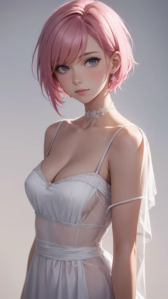 Alcanevi, A woman with medium-short pink hair wearing a white dress, Woman&#39;s face, Unreal Engine Character Art, Portraiture