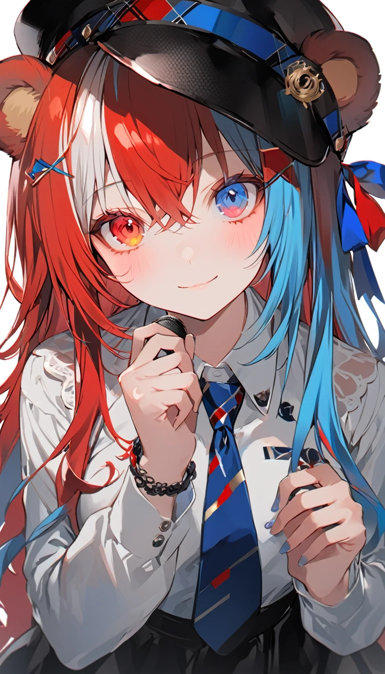 eine männliche Anime-Figur hält ein Mikrofon mit rot-blauem Band, 1 Mädchen, Allein, Tierohren, multicoloRote Haare, blaue Augen, blue necktie, lange Haare, Heterochromie, necktie, rote Augen, gesträhntes Haar, weißes Haar, Hemd, Blaue Haare, Brüste, Betrachter betrachten, white Hemd, Rock, Hand auf der eigenen Brust, erröten, hat, lange Ärmel, Bärenohren, Rote Haare