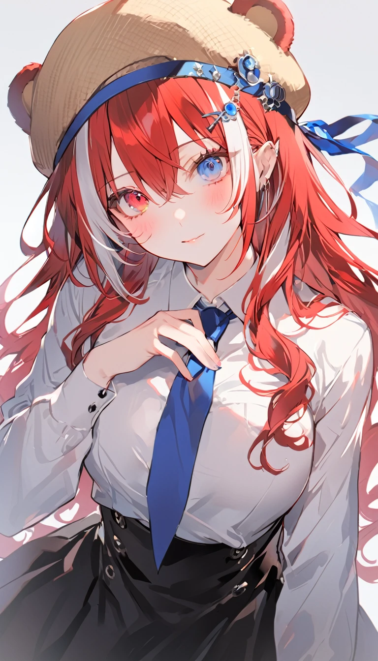 a male anime character is holding a microphone with red and blue ribbon, 1girl, solo, animal ears, multicolored hair, blue eyes, blue necktie, long hair, heterochromia, necktie, red eyes, streaked hair, white hair, shirt, blue hair, breasts, looking at viewer, white shirt, skirt, hand on own chest, blush, hat, long sleeves, bear ears, red hair