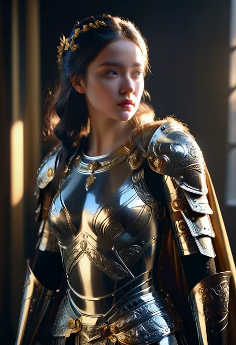 a beautiful woman dressed as a roman empire knight in a modern setting, detailed ornate armor, golden accents, flowing cape, pie...