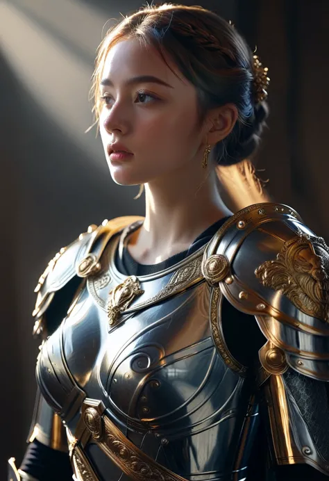 a beautiful woman dressed as a roman empire knight in a modern setting, detailed ornate armor, golden accents, flowing cape, pie...