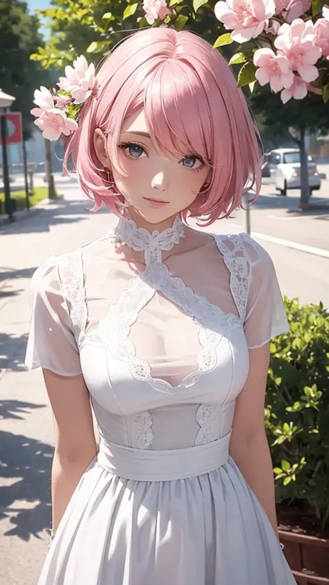 alcanevi, a woman with medium-short pink hair wearing a white dress, woman&#39;s face, unreal engine character art, portraiture