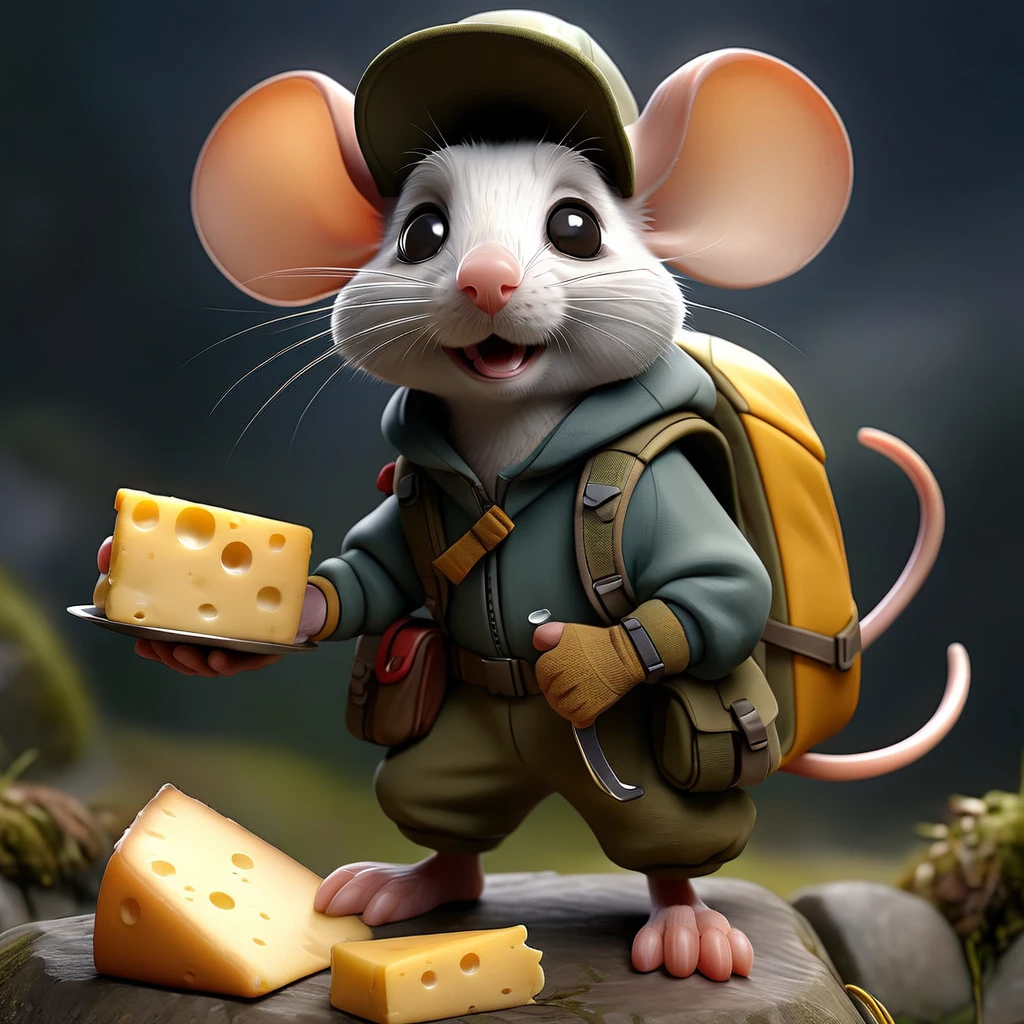 A mouse wearing hiking gear,holding cheese in one hand, Detailed digital art, Cinema Lighting, Gloomy atmosphere, Dramatic Pose, Very detailed, Complex Texture, High resolution, Realistic, 8K, masterpiece