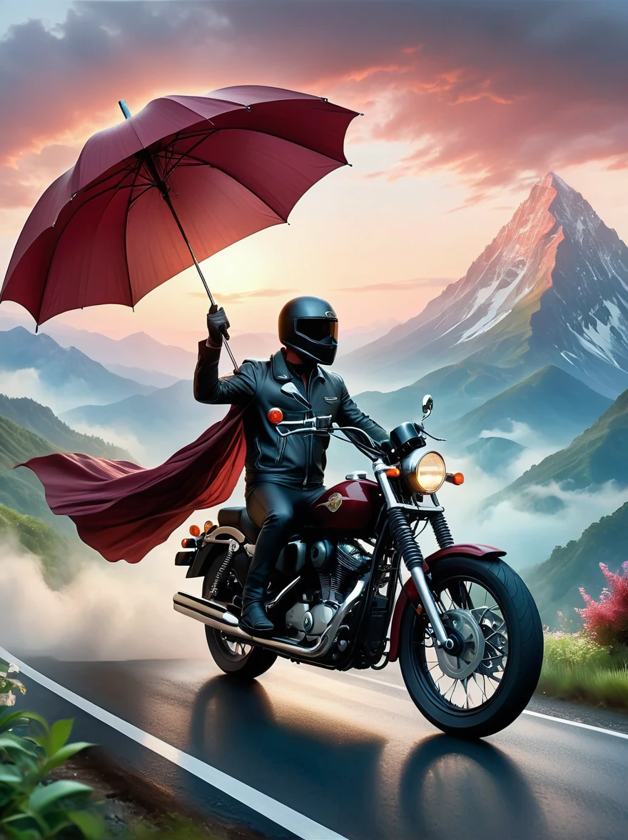 A realistically depicted ethereal entity, confidently astriding a maroon motorcycle, holds an umbrella aloft with an air of effortless composure, precisely similar to a Harley Davidson, cruising along a twisty mountain road. The environment that envelopes the scene is stunning, flourished with lush greenery and rich flora, under vast azure skies streaked with the blush of the setting sun. The aura is poignant, emanating a feeling as though this spectral presence were experiencing its final journey, a symbolic last ride, against the backdrop of the magnificent mountain landscape