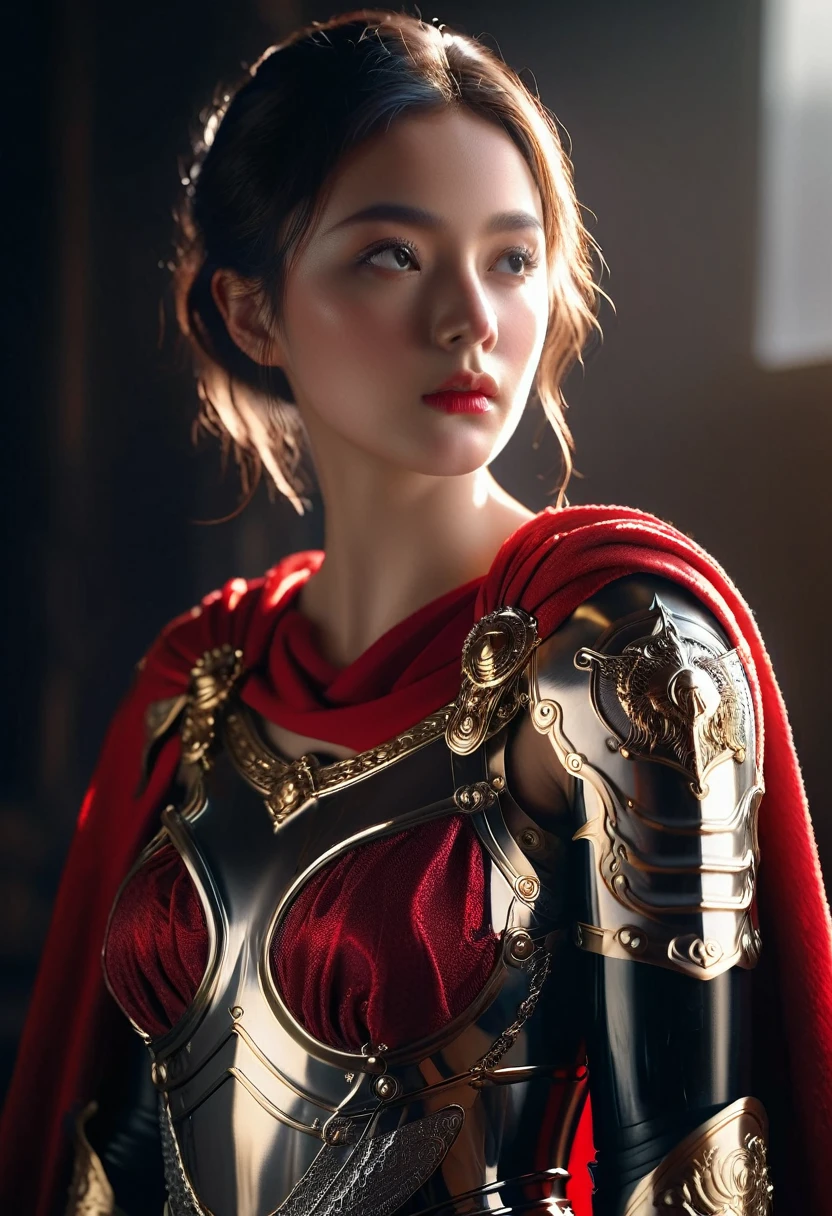 a beautiful woman dressed as a roman empire knight in a modern setting, red cape, shiny armor, sexy,detailed ornate armor, golden accents, flowing cape, piercing gaze, confident pose, dramatic lighting, cinematic composition, highly detailed, 8k, photorealistic, intricate details, chiaroscuro lighting, dark moody atmosphere, rich colors, glowing effects, dramatic shadows, hyper realistic