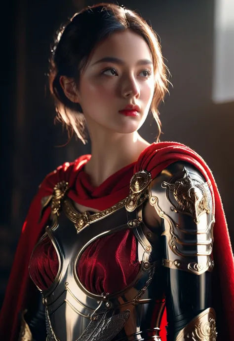 a beautiful woman dressed as a roman empire knight in a modern setting, red cape, shiny armor, sexy,detailed ornate armor, golde...