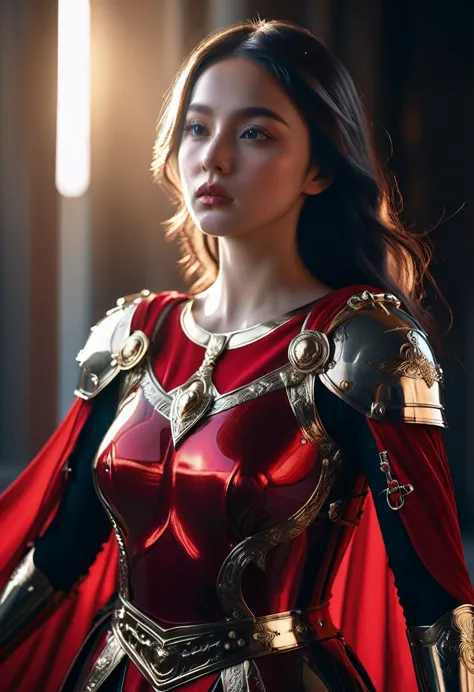a beautiful woman dressed as a roman empire knight in a modern setting, red cape, shiny armor, sexy,detailed ornate armor, golde...