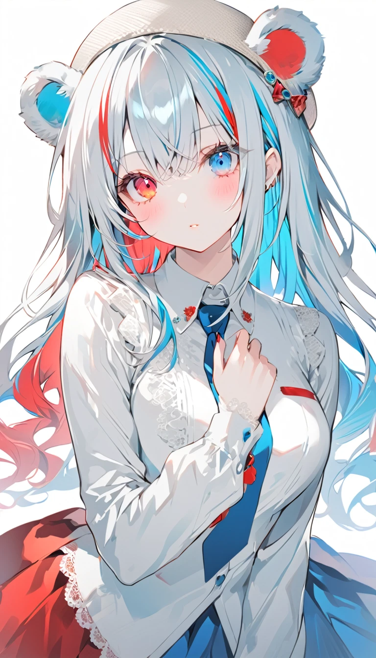 a very colorful anime style girl wearing clothes t有 look like they are made of lace, 1女孩, 独自的, 动物耳朵, multicolo红发, 蓝眼睛, blue 领带, 长发, 异色症, 领带, 红眼睛, 条纹头发, 白色的头发, 衬衫, 蓝头发, 乳房, 看着观众, white 衬衫, 裙子, 手放在自己的胸口, 脸红, 有, 长袖, 熊耳朵, 红发