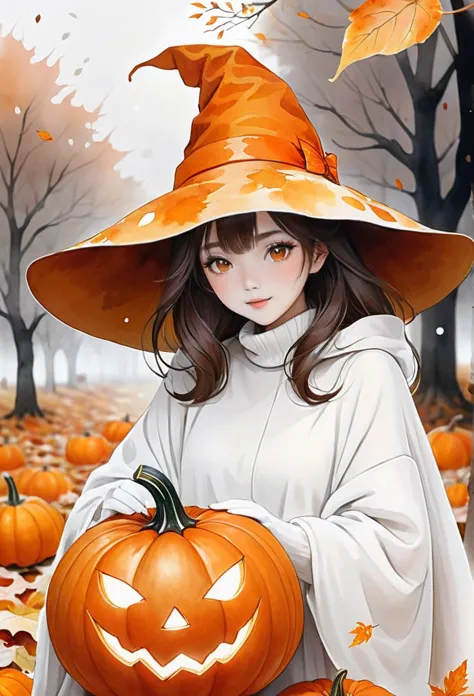 ghost，三个面带微笑的ghost，wear a white hat，holding orange pumpkin，the ground is covered with fallen autumn leaves，autumn texture，white ...