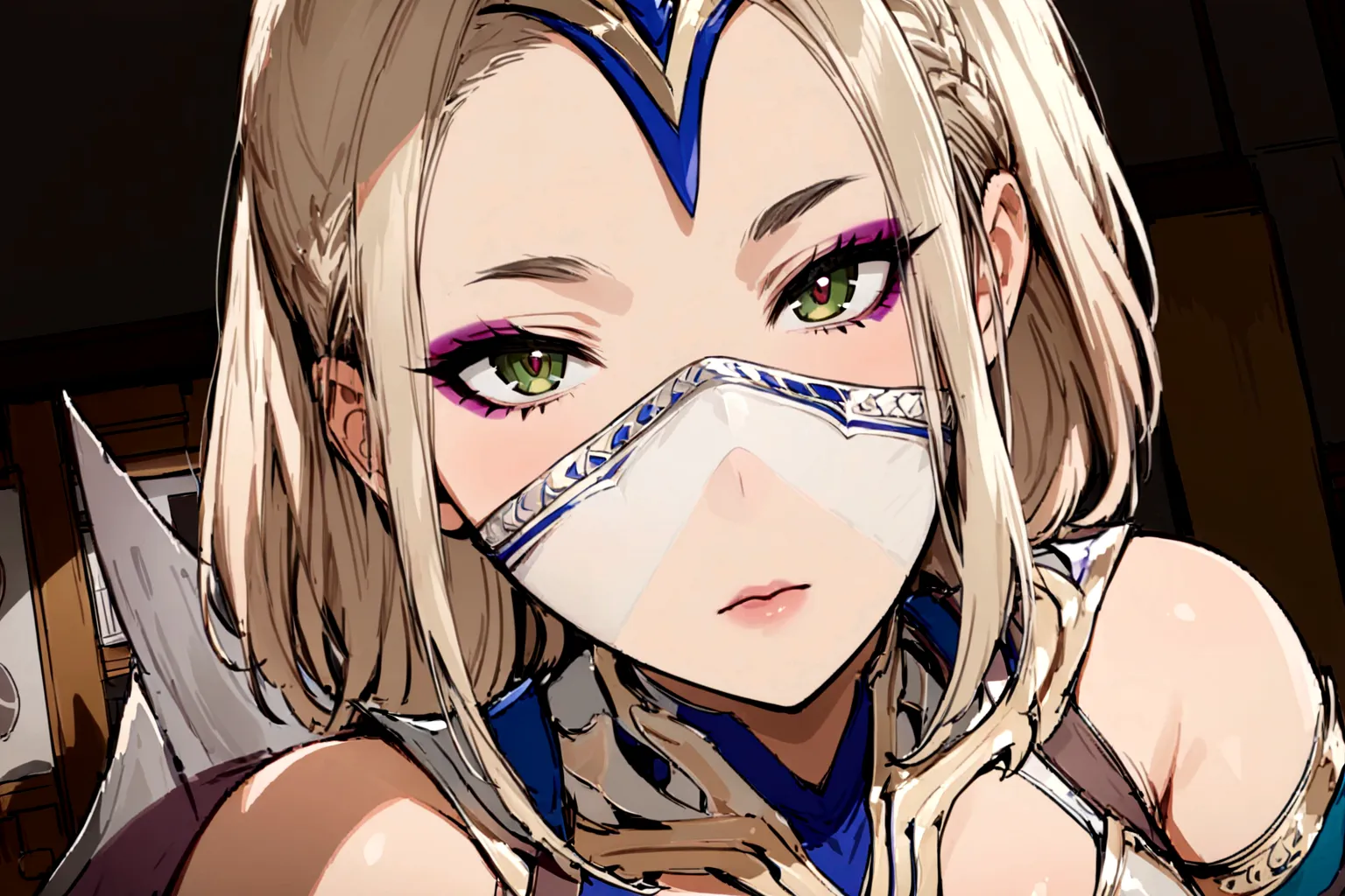 ((face portrait)), (masterpiece), best quality, expressive eyes, perfect face, highres, (ultra details), 1 girl, solo, kitana, b...