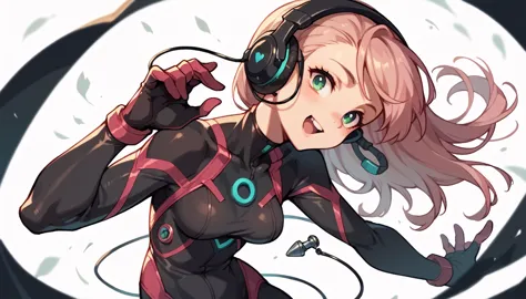 woman wearing a plug suit、wearing headphones。