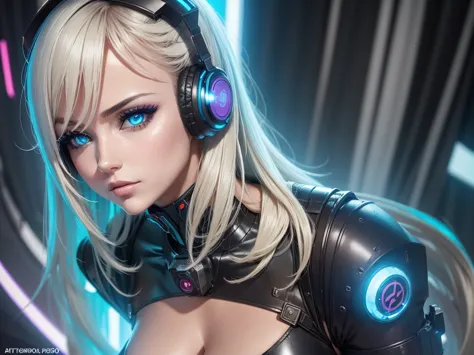 a close up of a woman DJ 30 years old. 30yo.  in a futuristic outfit with headphones on, cyber school girl, cyber suit, perfect ...