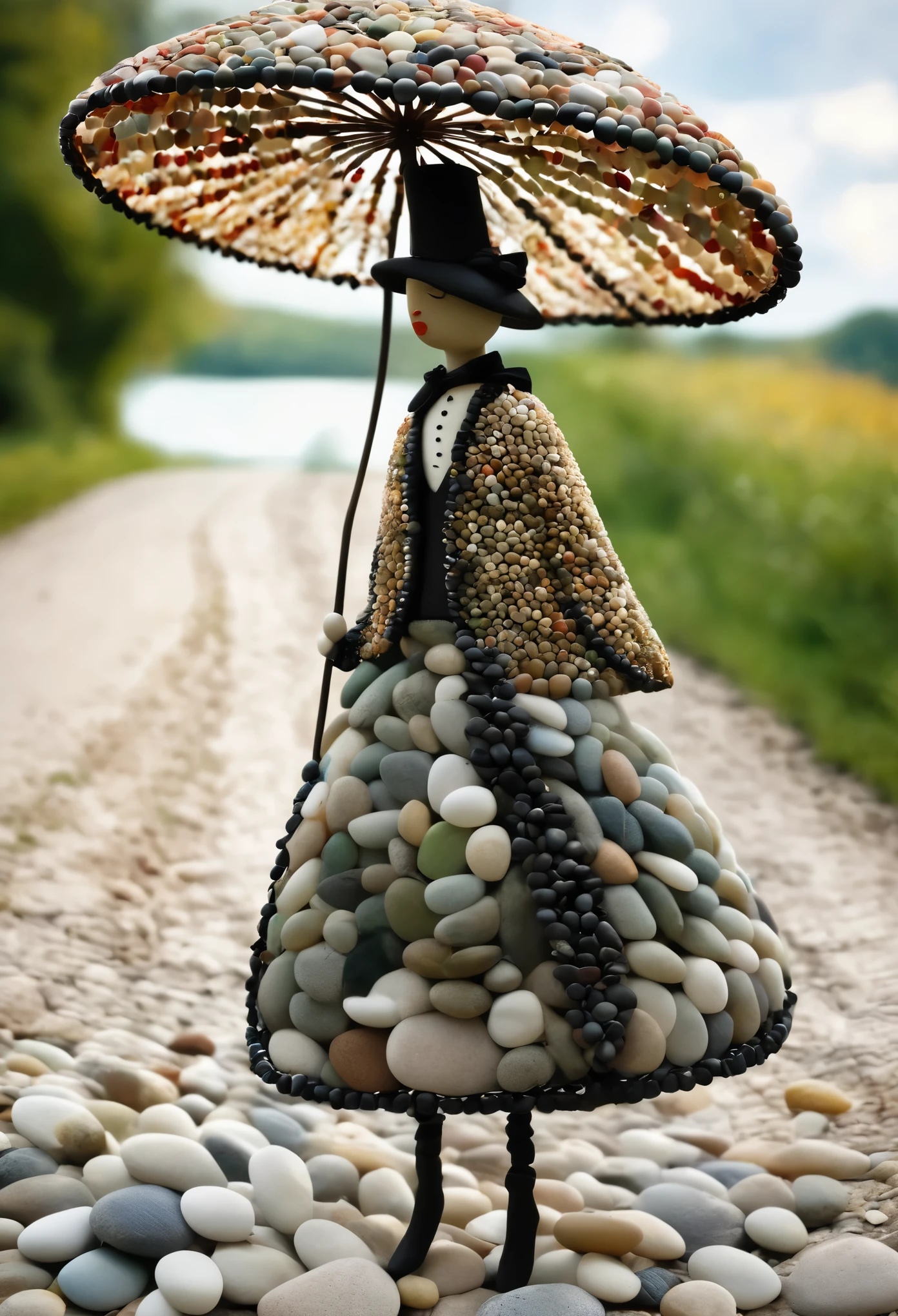 A whimsical character made out of smooth river pebbles. Dressed elegantly. Holding a parasol. Strolling on a country road. Inspired by Katia Chausheva's viennese actionism