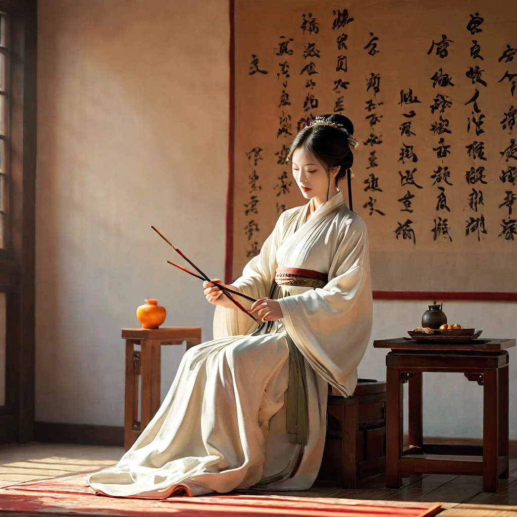 ((Unreal Engine 5)), Realistic rendering, Excellent, (Warm light room), （Chinese poet), (down view), Paint a painting of an ancient poet writing a poem in the room， Hold a brush in hand，Wear white Hanfu，Ancient Chinese literati，inspired by Li Kan, epic full color illustration,  naranbaatar ganbold,  Xianxia，guofeng