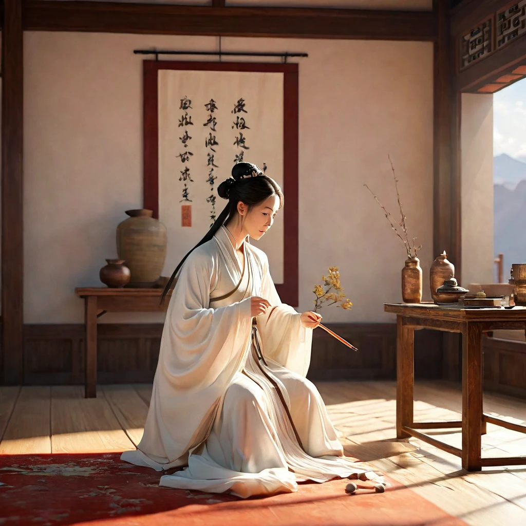 ((Unreal Engine 5)), Realistic rendering, Excellent, (Warm light room), （Chinese poet), (down view), Paint a painting of an ancient poet writing a poem in the room， Hold a brush in hand，Wear white Hanfu，Ancient Chinese literati，inspired by Li Kan, epic full color illustration,  naranbaatar ganbold,  Xianxia，guofeng