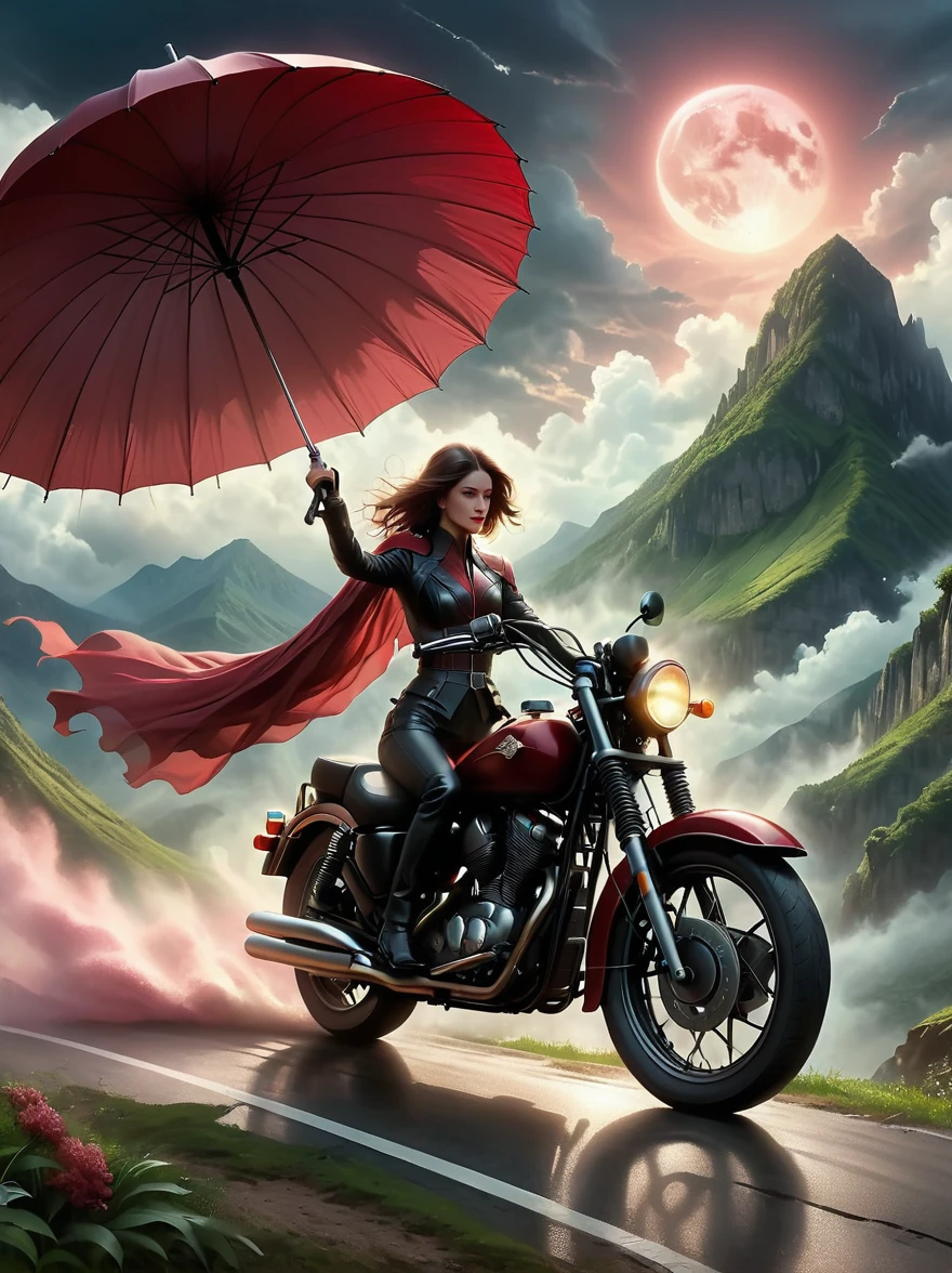 A realistically depicted ethereal entity, confidently astriding a maroon motorcycle, holds an umbrella aloft with an air of effortless composure, precisely similar to a Harley Davidson, cruising along a twisty mountain road. The environment that envelopes the scene is stunning, flourished with lush greenery and rich flora, under vast azure skies streaked with the blush of the setting sun. The aura is poignant, emanating a feeling as though this spectral presence were experiencing its final journey, a symbolic last ride, against the backdrop of the magnificent mountain landscape