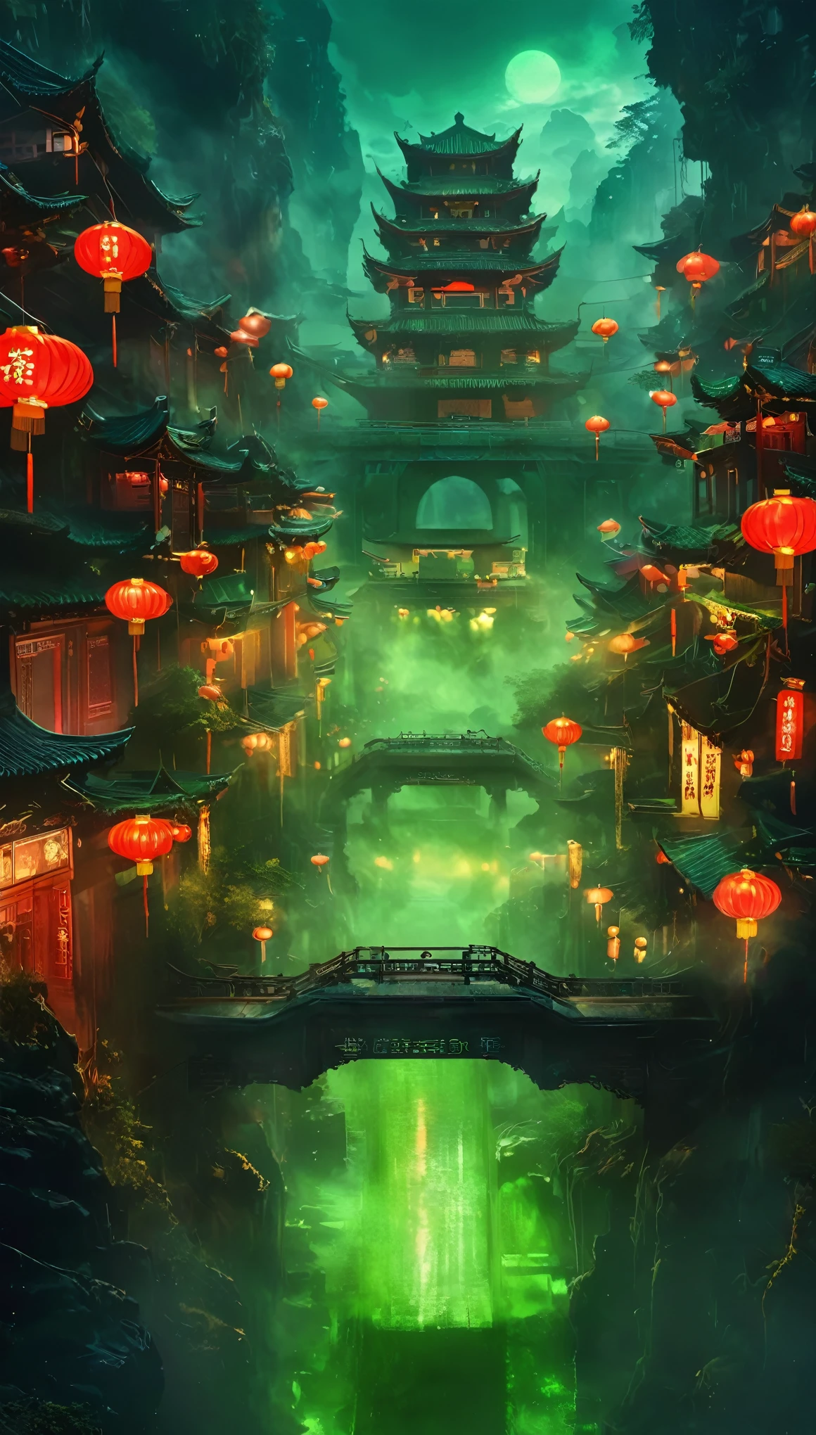 Unforgettable Chinese Ghost Stories, Weird Chinese architecture, Qixi Festival, Green Ghost Soup, Munpo Bridge, Noodle Soup, Escort Ghost, Chain, Dark gloomy lights, Movie, fear, atmosphere, Surreal, mystery, detailed