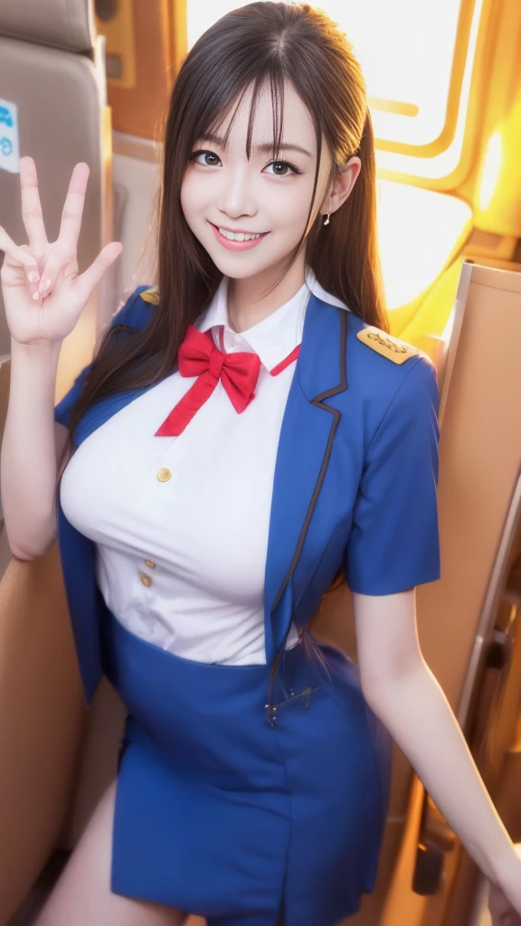 Photorealistic, highest quality, Highest quality, masterpiece, Ultra-high resolution, Raw photo, Realistic, Bright lighting, (smile:1.3), ((Cabin-attendant uniform:1.4)), Face Light, Smooth Professional Lighting, Looking at the camera, alone, Adult women, Beautiful woman, Super Beauty, Realistic skin, Moisturized Skin, Realistic eyes and faces, Perfect model body shape, Beautiful Eyes, Big eyes, Inconspicuous tear bags, slim, Medium sized breasts, Beautiful fingers, Very long hair, (blue Hair:1.2), blue eyes, seems to be happy,